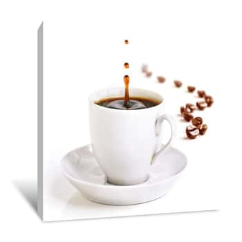 Image of A Cup Of Coffee With A Splash Of Drops And Coffee Beans Canvas Print