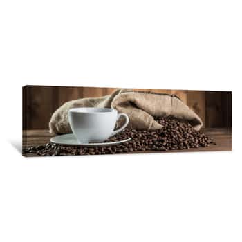 Image of Still Life With Coffee Beans And Cup On The Wooden Background Canvas Print