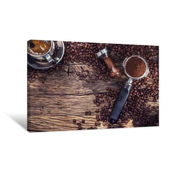 Image of Coffee  Black Coffee With Coffee Beans And Portafilter On Old Oak Wooden Table Canvas Print