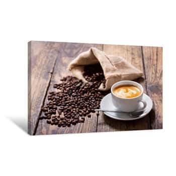 Image of Cup Of Coffee And Coffee Beans In A Sack Canvas Print