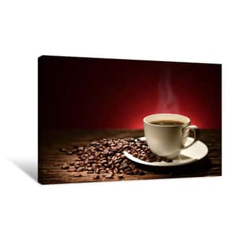 Image of Cup Of Coffee With Smoke And Coffee Beans On Reddish Brown Background Canvas Print