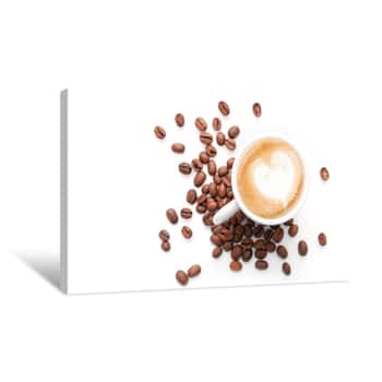 Image of Small Cup Of Cappuccino With Coffee Beans Canvas Print