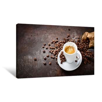 Image of Espresso And Coffee Beans On Plaster Background Canvas Print