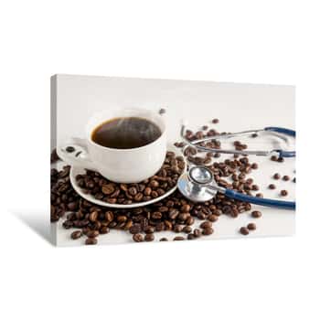 Image of A Cup Of Coffee ,coffee Beans And Stethoscope On White Wooden Background  In Concept Health Of Coffee Drinkers, Quality Of Coffee Canvas Print