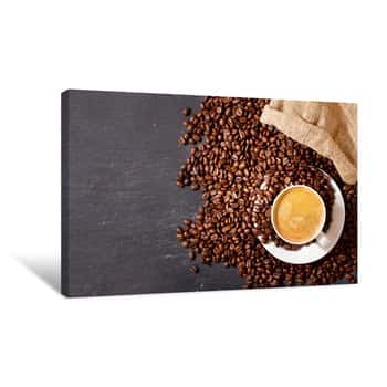 Image of Cup Of Coffee And Coffee Beans In A Sack, Top View Canvas Print