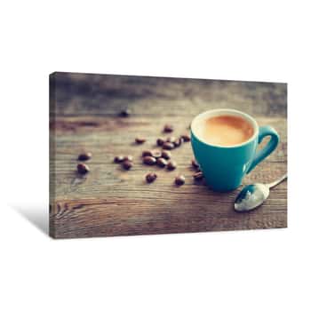 Image of Espresso Coffee Cup With Beans On Wooden Board  Retro Stylized Canvas Print