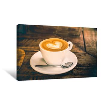 Image of Drak Tone Filter,Close Up White Coffee Cup With Heart Shape Latt Canvas Print