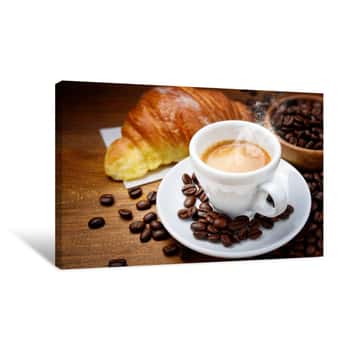 Image of Espresso And Croissant With Coffee Beans On Wood Background Canvas Print