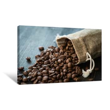 Image of Roasted Coffee Beans On Old Wooden Table Canvas Print