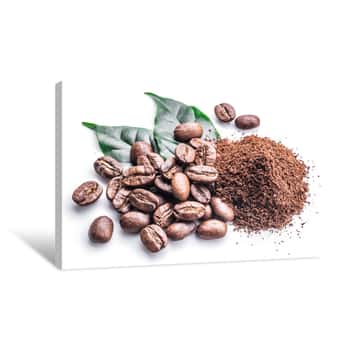 Image of Roasted Coffee Beans Ground Coffee On White Background Canvas Print