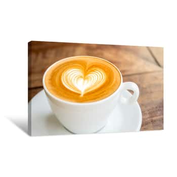 Image of Close Up White Coffee Cup With Heart Shape Latte Art On Wood Tab Canvas Print