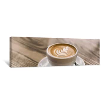 Image of Coffee Cup With Latte Art On Cafe Wood Table Banner Panorama Background Canvas Print