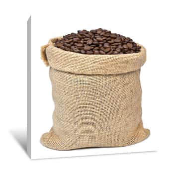 Image of Roasted Coffee Beans In A Burlap Sack  Sackcloth Bag With Coffee Beans, Isolated On White Background  Coffee Export Canvas Print