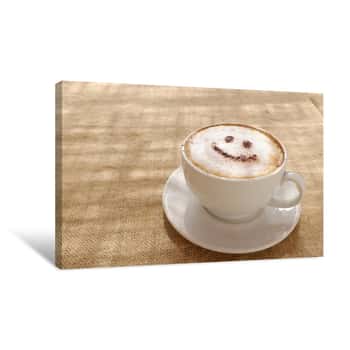 Image of Coffee Cappuccino With Foam Or Chocolate Smiling Happy Face Canvas Print