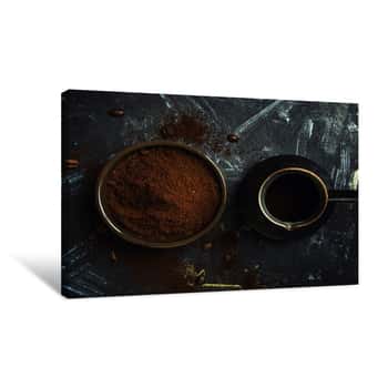 Image of Ground Coffee And Coffee Maker, Dark Background  Low Key, Top View Canvas Print