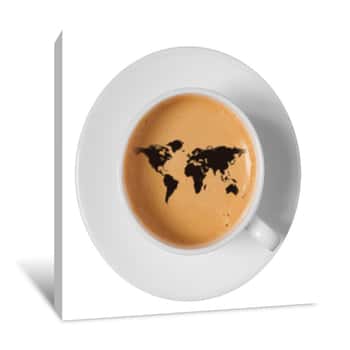 Image of World Map Drawing Art On Coffee Foam In Cup Canvas Print