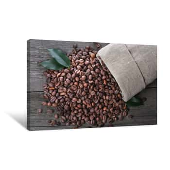 Image of Coffee Beans In Burlap Sack On Wood Background Canvas Print