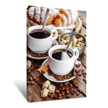 Image of Breakfast With Croissants, Leaves, Cutting Board And Black Coffee Composition With  Wooden Retro Background Canvas Print