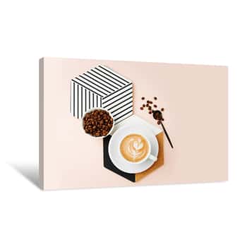 Image of Breakfast With A Cup Of Coffee With A Geometric Decor On Pale Pink Background  Flat Lay, Top View Canvas Print