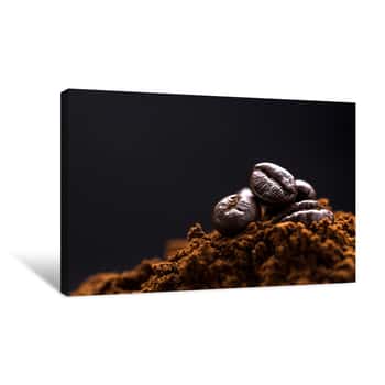 Image of Pile Of Ground Coffee, And At The Top Several Whole Coffee Beans Canvas Print