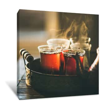Image of Freshly Brewed Black Tea In Turkish Glasses In Oriental Tray, Selective Focus, Copy Space, Square Crop Canvas Print