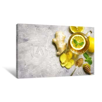 Image of Warming Ginger Tea With Lemon And Mint Top View Canvas Print