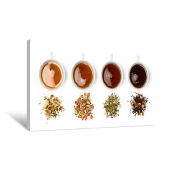 Image of Variety Of Tea Blends With Relative Cups On White Background Canvas Print