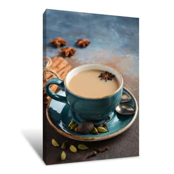 Image of Indian Masala Chai Tea  Spiced Tea With Milk On Dark Rusty Background  Selective Focus, Copy Space Canvas Print