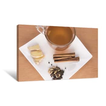 Image of Chai Tea With Cinnamon, Ginger And Cardamom On A White Plate Canvas Print