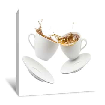 Image of Two Cup Of Tea Jumps And Clash With Splashing On White Background Canvas Print