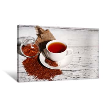 Image of Cup Of Tasty Rooibos Tea, On Old White Wooden Table Canvas Print