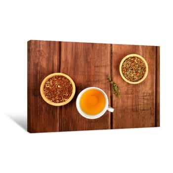 Image of An Overhead Photo Of Herbal Tea On A Dark Rustic Background With Copy Space Canvas Print