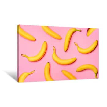 Image of Colorful Fruit Pattern With Bananas Over A Pink Background  Top View Canvas Print