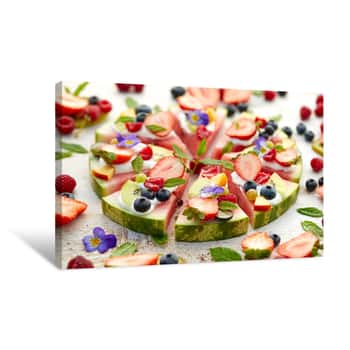 Image of Watermelon Pizza With Various Fresh Fruits With The Addition Of Cream Cheese, Mint And Edible Flowers  A Delicious Fruity Dessert, The Concept Of Healthy Eating Canvas Print