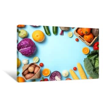 Image of Different Vegetables And Fruits On Blue Background, Copy Space Canvas Print