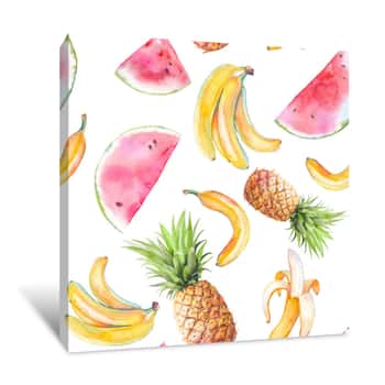 Image of Watercolor Exotic Fruit Seamless Pattern  Hand Drawn Texture With Bananas, Pineapple And Watermelon On White Background  Summer Wallpaper Design Canvas Print