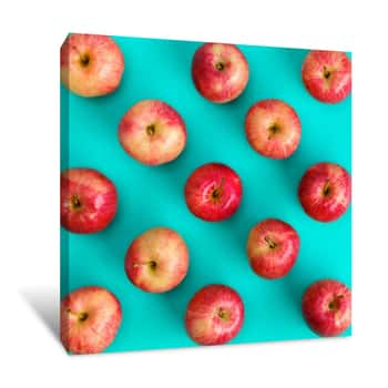 Image of Fruit Pattern Of Red Apple On Blue Background  Flat Lay, Top View  Pop Art Design, Creative Summer Concept  Food Background Canvas Print