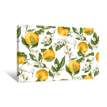 Image of Seamless Pattern With Orange Fruit Tree Branches, Fruits And Flowers, Buds And Leaves, Vector Illustration Made On The White Background In A Festive Elegant Style Canvas Print
