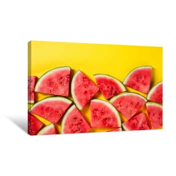 Image of Beautiful Pattern With Fresh Watermelon Slices On Yellow Bright Background  Top View  Copy Space Canvas Print
