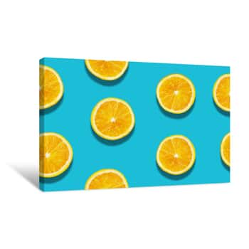 Image of Orange Fruit Patterns Seamless Flatlay On Blue Background Illustration Canvas Print