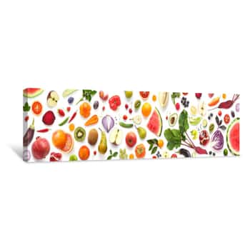 Image of Banner From Various Vegetables And Fruits Isolated On White Background, Top View, Creative Flat Layout Canvas Print
