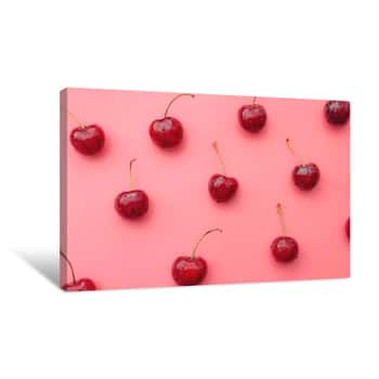 Image of Summer Vitality, Tasty Natural Lush Fruit And Beautiful Summer Pattern Concept Theme With Group Of Wet Red Cherries With Water Drops Filling The Frame Isolated On Pink Background Canvas Print