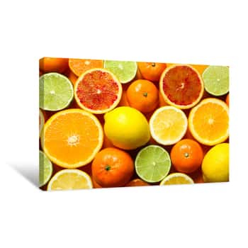 Image of Different Citrus Fruits On Color Background, Top View Canvas Print