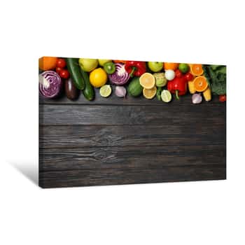 Image of Different Vegetables And Fruits On Wooden Background, Copy Space Canvas Print