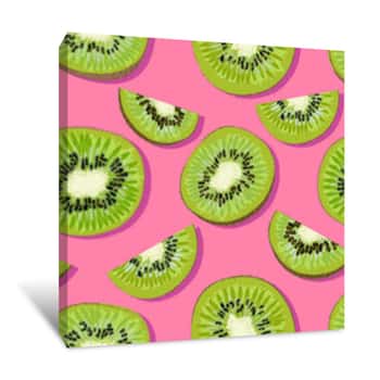 Image of Trendy Minimal Summer Seamless Pattern With Whole, Sliced Fresh Fruit Kiwi On Color Background Canvas Print
