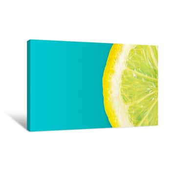 Image of Flat Lay Picture Of Macro Fresh Slice Of  Lemon On Cyan Background Canvas Print
