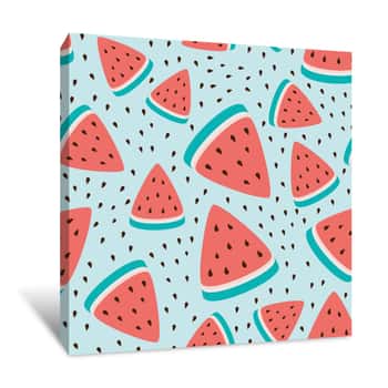 Image of Watermelon Seamless Wallpaper Pattern With Watermelon Slices, Summer Fresh Fruit Design Canvas Print