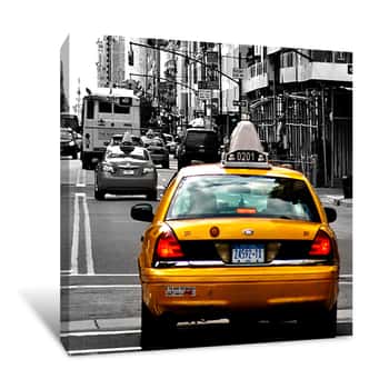 Image of Yellow Taxi Cab on Black and White Street Background NYC Canvas Print