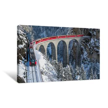 Image of Red Train Over A Rain Bridge Canvas Print