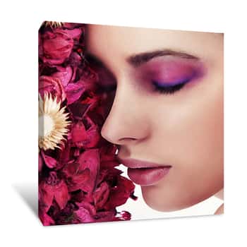 Image of Model with Pink Flowers Canvas Print